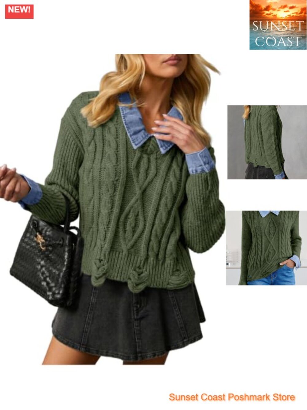 Womens Chunky Knit Collared Pullover Sweater Cut Out Hem Long Sleeve